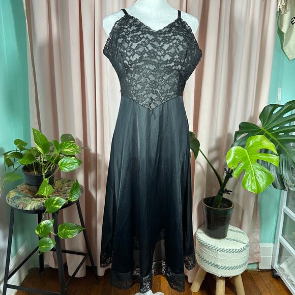 Vintage Fray Pruf 1950s Black Lace Slip Dress Side Zip Lingerie Glam 37" Bust - Picture 14 of 16